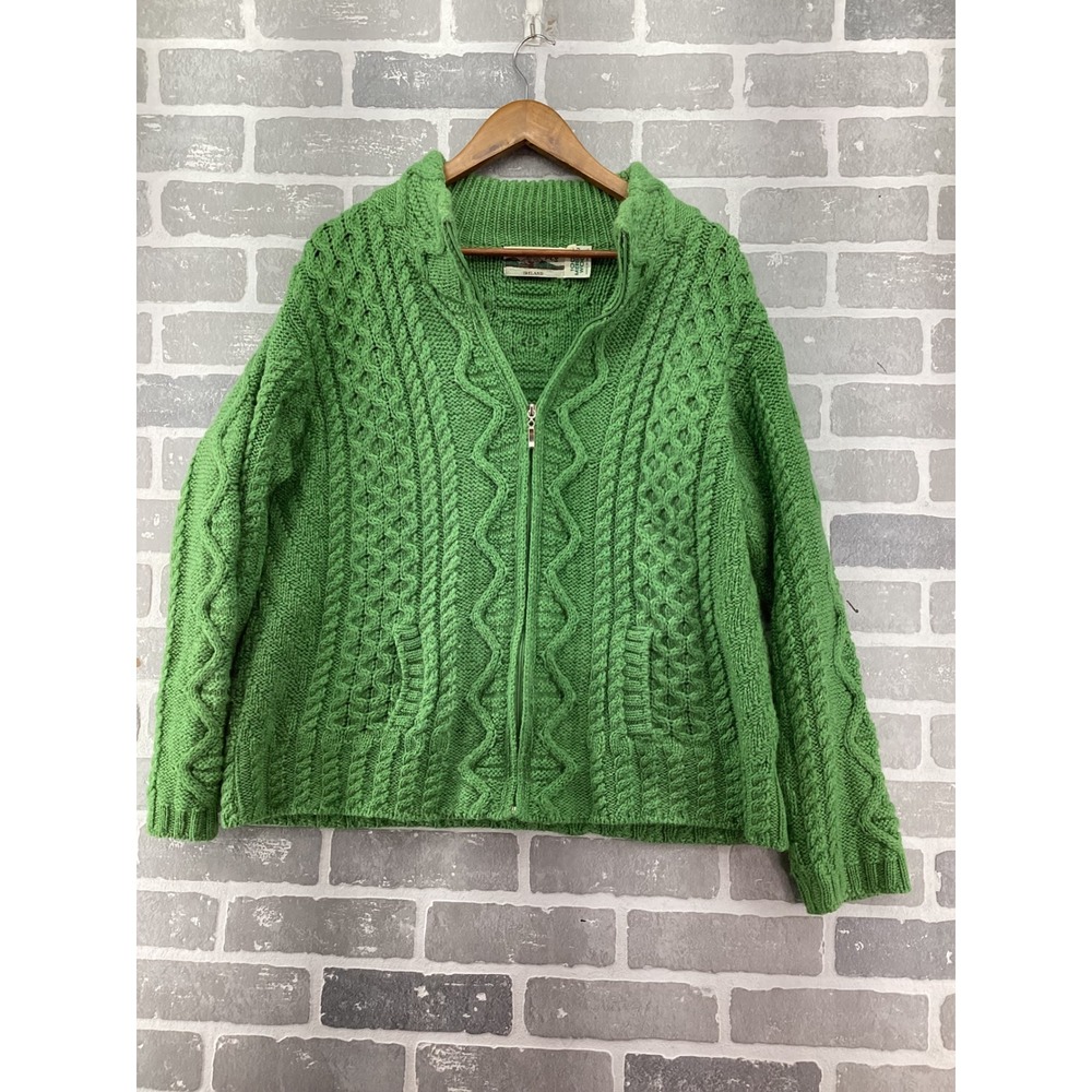 Aran Crafts Ireland Green Merino Wool Cable Knit Full Zip Cardigan Sweater Large